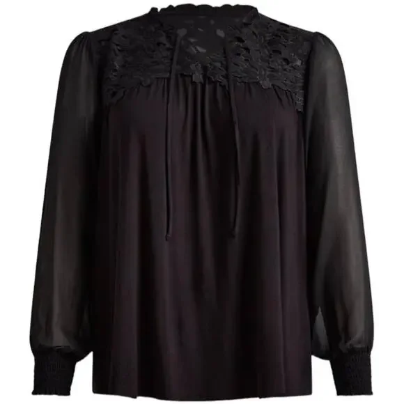 Torrid NWT Super Soft Chiffon Sleeve Lace Inset Tie Detail Top Black Size 1X - Picture 1 of 7
